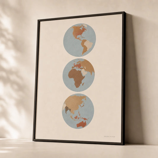 Continents Globe Trio Poster — Three globes showing continent groupings warm earth tones, premium hero shot, Atelier Poster