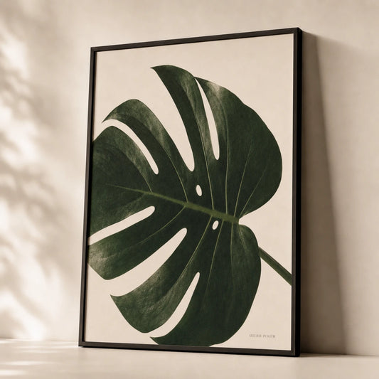 Oversized Monstera Leaf Poster — Oversized monstera leaf with splits deep tropical green, premium hero shot, Atelier Poster