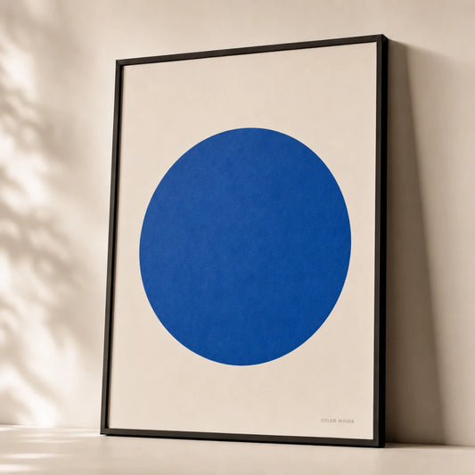 Cobalt Blue Circle Bold Poster — Single large cobalt blue circle bold saturated statement, premium hero shot, Atelier Poster