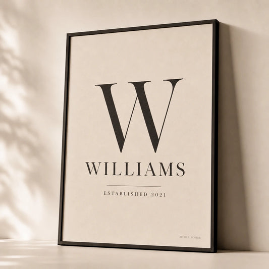 Family Name Established Poster — Personalized family name established year elegant serif, premium hero shot, Atelier Poster