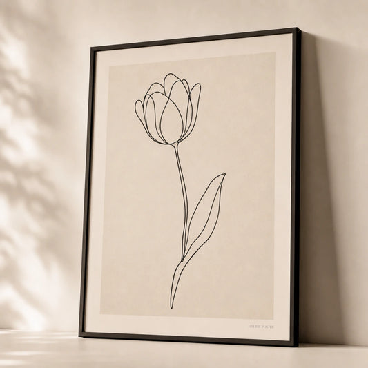 Single Stem Tulip Poster — Single-line tulip on stem with one leaf in thin black, premium hero shot, Atelier Poster