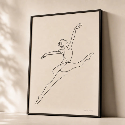 Oversized Dancer Movement Poster — Oversized dancer mid-leap continuous black line gestural, premium hero shot, Atelier Poster