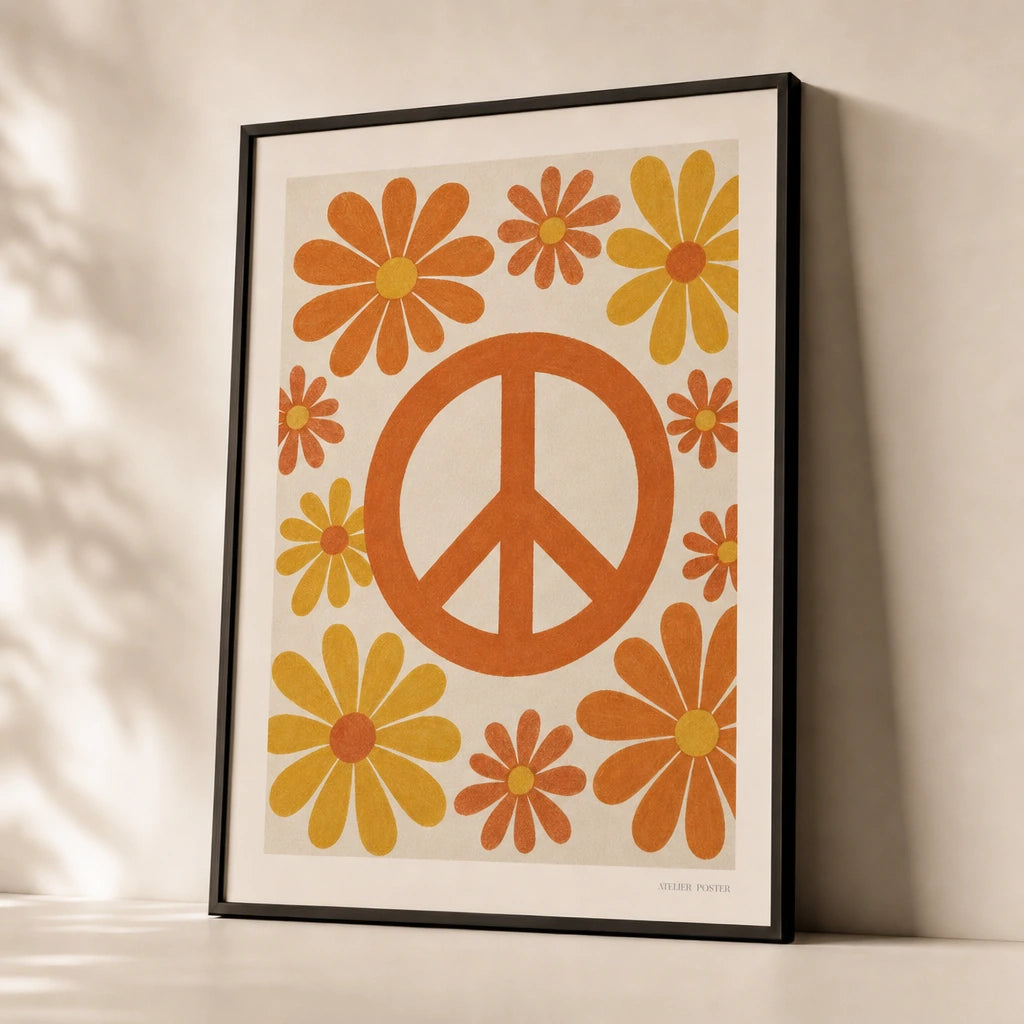 Peace Sign Daisies 60s Poster — Peace sign with daisies 1960s flower power orange and yellow, premium hero shot, Atelier Poster