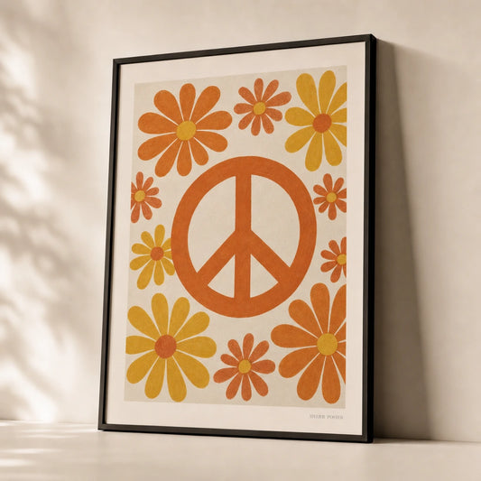 Peace Sign Daisies 60s Poster — Peace sign with daisies 1960s flower power orange and yellow, premium hero shot, Atelier Poster