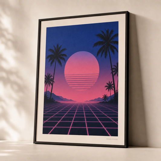 80s Synthwave Sunset Poster — 1980s synthwave neon pink cobalt grid sunset Miami Vice, premium hero shot, Atelier Poster