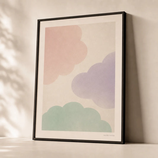 Pastel Drift Composition Poster — Three pastel cloud shapes pink lavender mint dreamy drift, premium hero shot, Atelier Poster