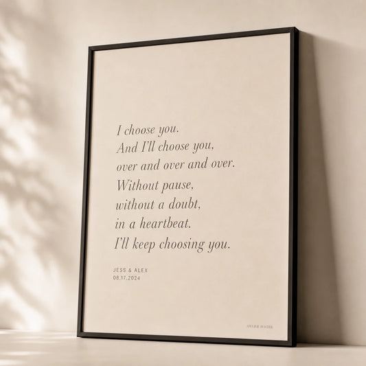Wedding Vows Excerpt Poster — Personalized wedding vows excerpt elegant serif italic, premium hero shot, Atelier Poster
