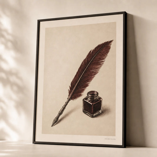 Dark Academia Quill Ink Poster — Feather quill and ink pot burgundy dark academia, premium hero shot, Atelier Poster