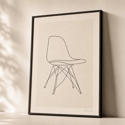 Chair Line Drawing Poster — Single-line modernist chair silhouette in thin black, premium hero shot, Atelier Poster
