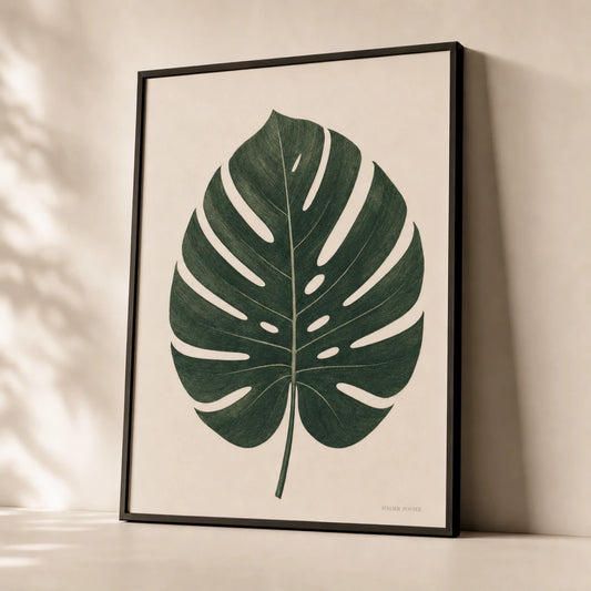 Monstera Leaf Cream Poster — Single oversized monstera leaf in deep tropical green, premium hero shot, Atelier Poster