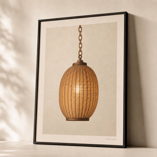 Bohemian Rattan Lantern Poster — Single woven rattan lantern with warm glow illustration, premium hero shot, Atelier Poster