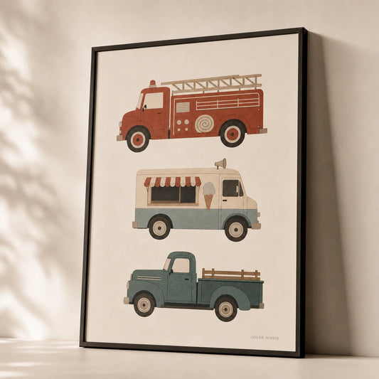 Vintage Trucks Trio Poster — Three vintage trucks fire ice-cream pickup in warm tones, premium hero shot, Atelier Poster