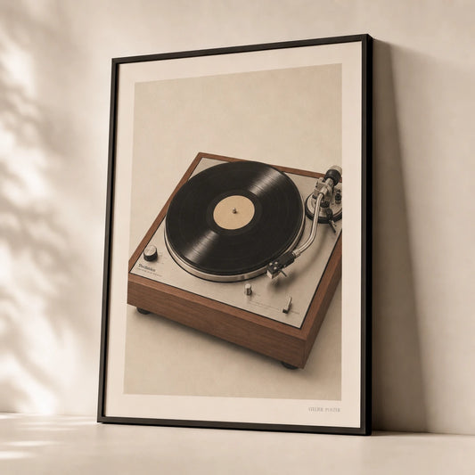 Vintage Turntable 70s Poster — Vintage 1970s turntable warm wood and brushed silver vinyl, premium hero shot, Atelier Poster