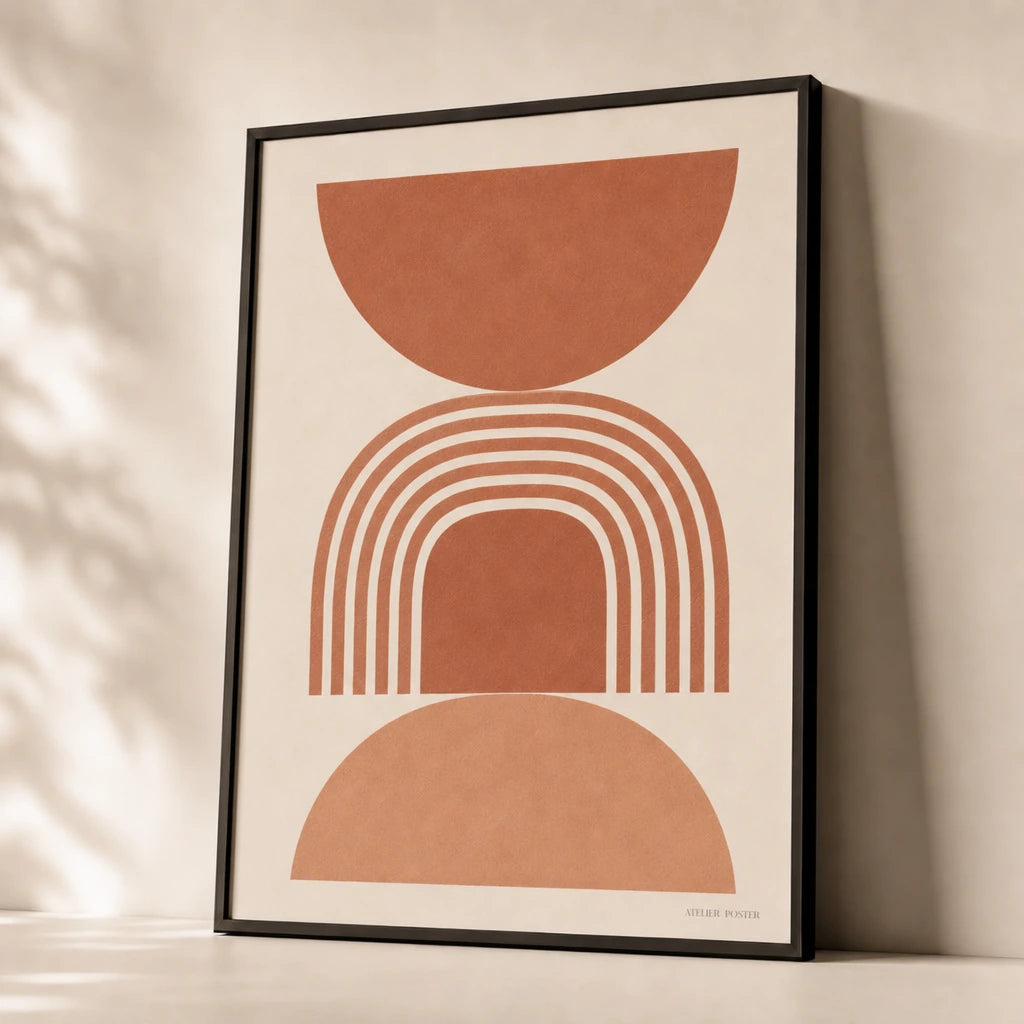 All Terracotta Tonal Three Gallery Poster — Three-print all-terracotta tonal monochromatic graduated set, premium hero shot, Atelier Poster