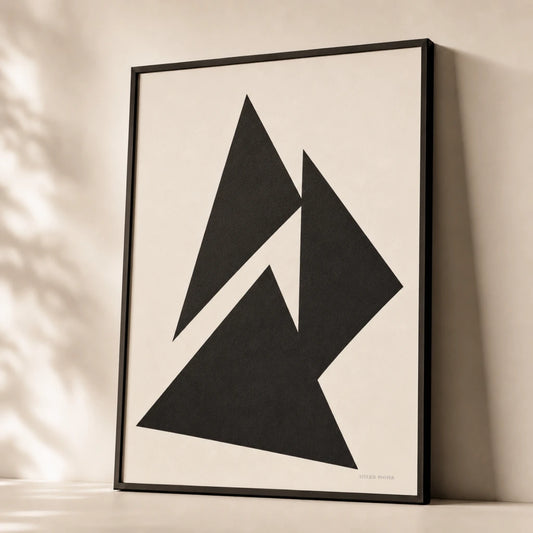 Black Geometric Triangles Poster — Three bold black triangles geometric monochrome abstract, premium hero shot, Atelier Poster