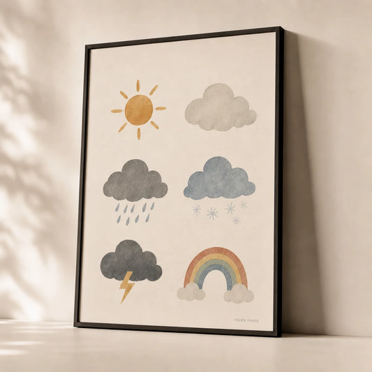 Weather Patterns Poster — Six weather patterns sun rain rainbow soft watercolor tones, premium hero shot, Atelier Poster