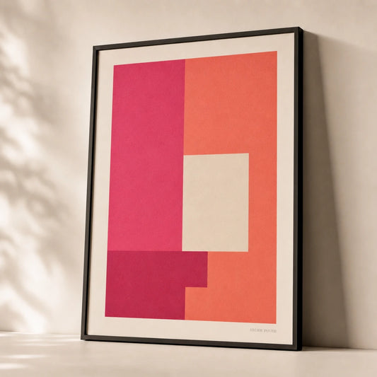 Fuchsia Coral Geometric Poster — Fuchsia and coral geometric saturated bold duo modern, premium hero shot, Atelier Poster