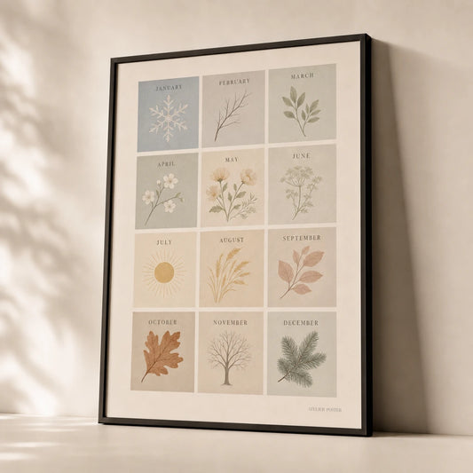 Months of the Year Poster — Twelve months calendar with seasonal pastel illustrations, premium hero shot, Atelier Poster