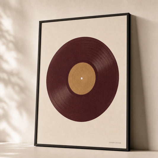 70s Vinyl Record Poster — Vintage 1970s vinyl record album burgundy and warm gold, premium hero shot, Atelier Poster