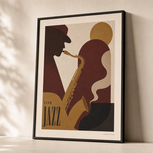 Vintage Jazz Club Poster — 1950s jazz saxophone burgundy and warm gold club aesthetic, premium hero shot, Atelier Poster
