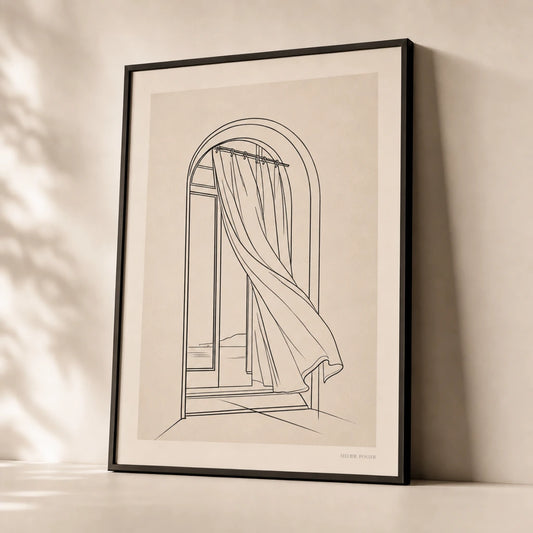 Oversized Window Light Poster — Oversized arched window curtain continuous line interior, premium hero shot, Atelier Poster