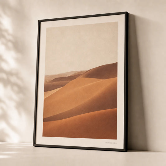 Oversized Sahara Dunes Poster — Oversized Sahara desert dunes warm ochre terracotta vast, premium hero shot, Atelier Poster
