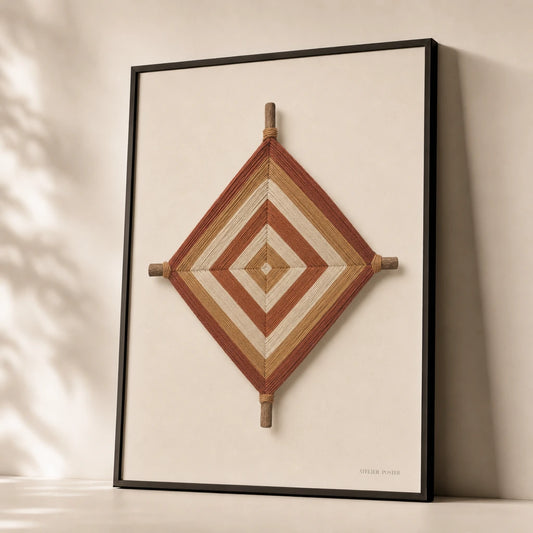 Ojo de Dios God's Eye Poster — Traditional Mexican ojo de dios woven folk art illustration, premium hero shot, Atelier Poster