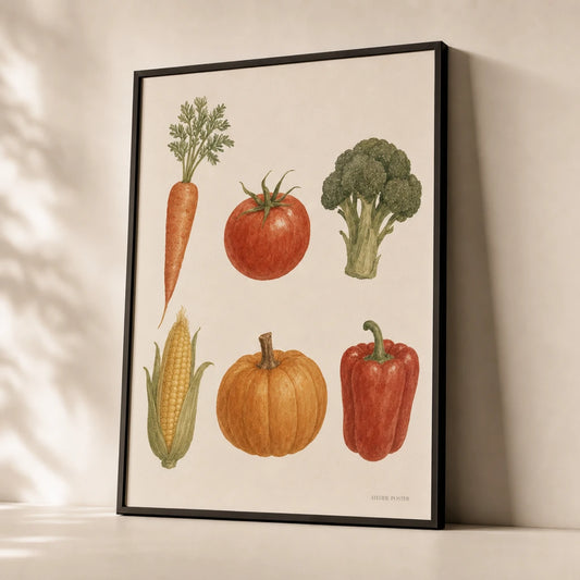 Garden Vegetables Poster — Six garden vegetables carrot tomato broccoli watercolor tones, premium hero shot, Atelier Poster