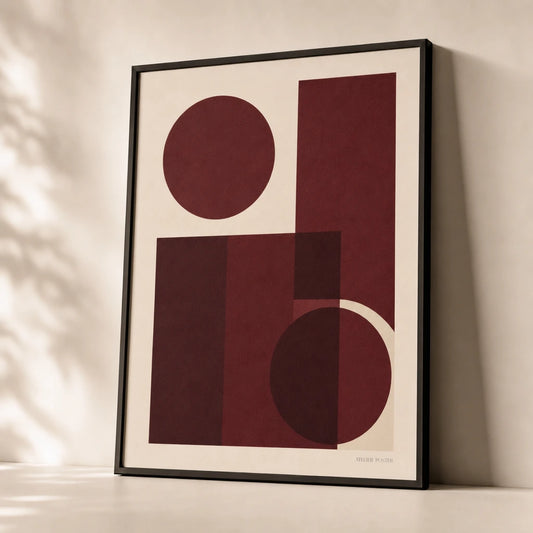 Oxblood Geometric Bold Poster — Oxblood deep red geometric moody saturated bold modern, premium hero shot, Atelier Poster
