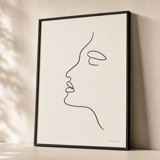 Continuous Face Profile Poster — Single continuous black line drawing of a face in profile, premium hero shot, Atelier Poster