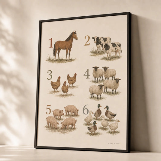 Farm Animals Counting Poster — Six farm animals counting horse cow sheep pastoral tones, premium hero shot, Atelier Poster