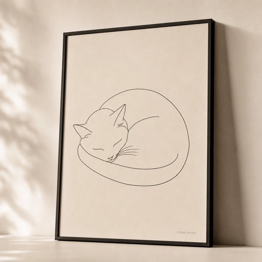 Sleeping Cat Line Poster — Single-line sleeping curled cat with tail wrapped around, premium hero shot, Atelier Poster