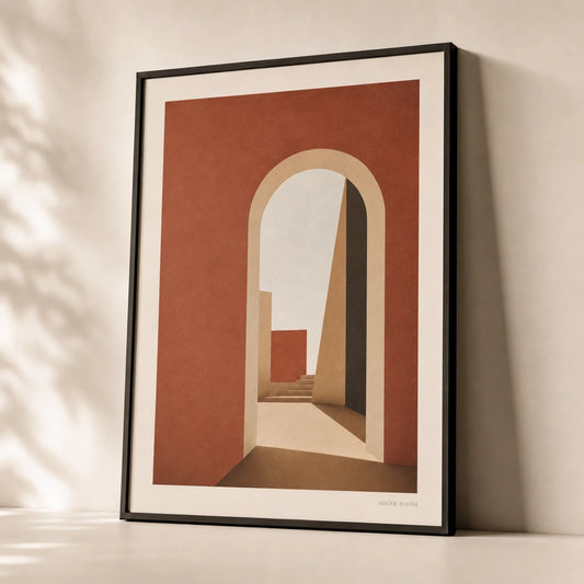 Oversized Doorway Vista Poster — Oversized doorway frame with implied vista warm tones, premium hero shot, Atelier Poster