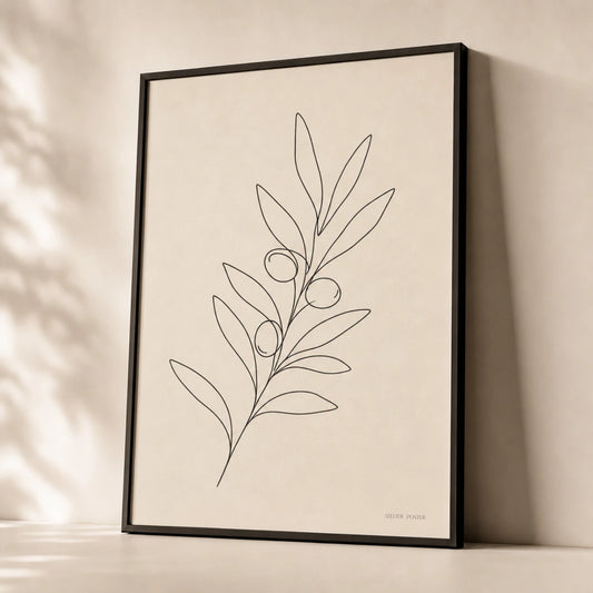 Olive Branch Line Poster — Single-line olive branch with leaves and fruit in black, premium hero shot, Atelier Poster