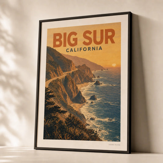 Big Sur California Coast Poster — 1960s Big Sur California coastal cliffs at sunset, premium hero shot, Atelier Poster