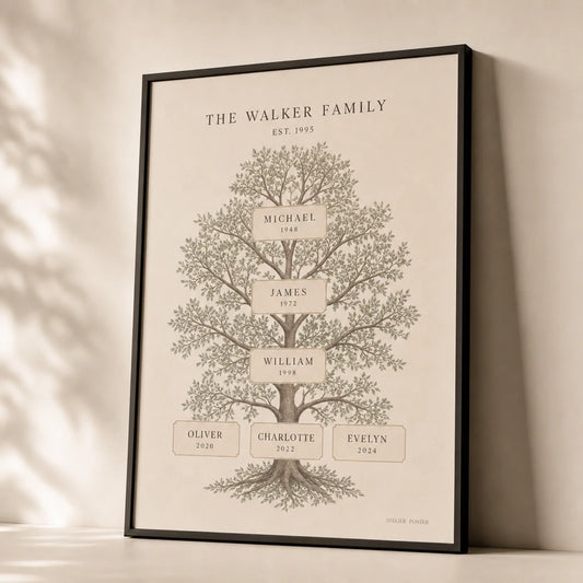 Family Tree Names Custom Poster — Personalized family tree three generations elegant serif, premium hero shot, Atelier Poster