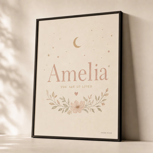 Baby Name Custom Pastel Poster — Personalized baby name soft pastel serif typography nursery, premium hero shot, Atelier Poster