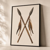 Tribal Spear Pair Poster — Two crossed tribal spears with leather and feathers, premium hero shot, Atelier Poster