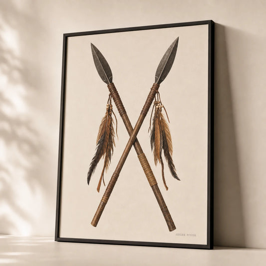 Tribal Spear Pair Poster — Two crossed tribal spears with leather and feathers, premium hero shot, Atelier Poster