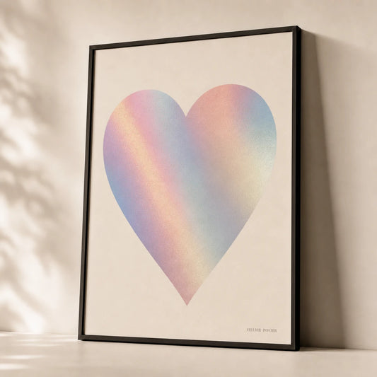 Y2K Heart Holographic Poster — Holographic iridescent heart Y2K revival aesthetic, premium hero shot, Atelier Poster