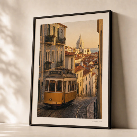 Lisbon Tram Hillside Poster — Vintage Lisbon yellow tram on cobblestone hill at sunset, premium hero shot, Atelier Poster