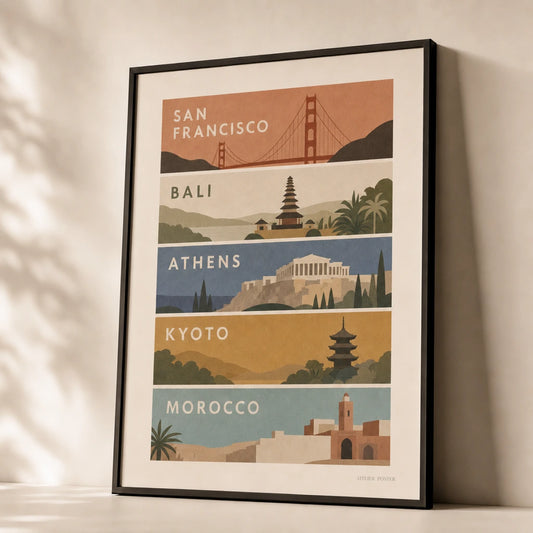 Stairwell Travel Ascending Gallery Poster — Five-print travel stairwell ascending vintage WPA gallery, premium hero shot, Atelier Poster