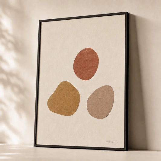 Three Warm Stones Poster — Three hand-drawn stones in terracotta ochre and warm clay, premium hero shot, Atelier Poster