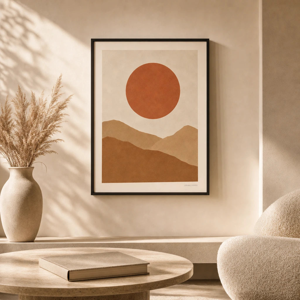 Terracotta Sun Mountains Poster — Terracotta sun behind ochre desert mountains warm earth tones, lifestyle in interior, Atelier Poster