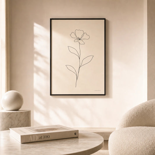 Modern Flower Stem Poster — Single-line flower with bloom and leaves on long stem, lifestyle in interior, Atelier Poster