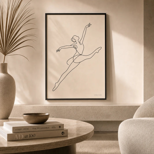 Oversized Dancer Movement Poster — Oversized dancer mid-leap continuous black line gestural, lifestyle in interior, Atelier Poster