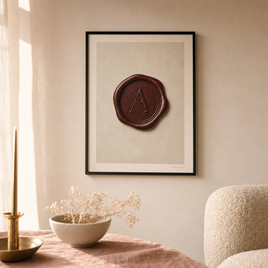 Dark Academia Wax Seal Poster — Burgundy wax seal letter A dark academia aesthetic, lifestyle in interior, Atelier Poster