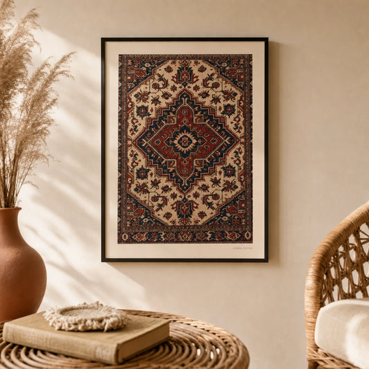 Persian Rug Detail Poster — Persian rug central medallion in deep red and indigo, lifestyle in interior, Atelier Poster