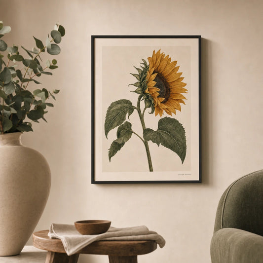 Sunflower Profile Poster — Single sunflower in profile with deep golden petals, lifestyle in interior, Atelier Poster