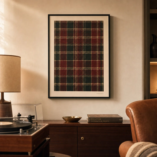 Plaid Flannel Pattern 90s Poster — 1990s grunge plaid flannel pattern red green warm brown, lifestyle in interior, Atelier Poster